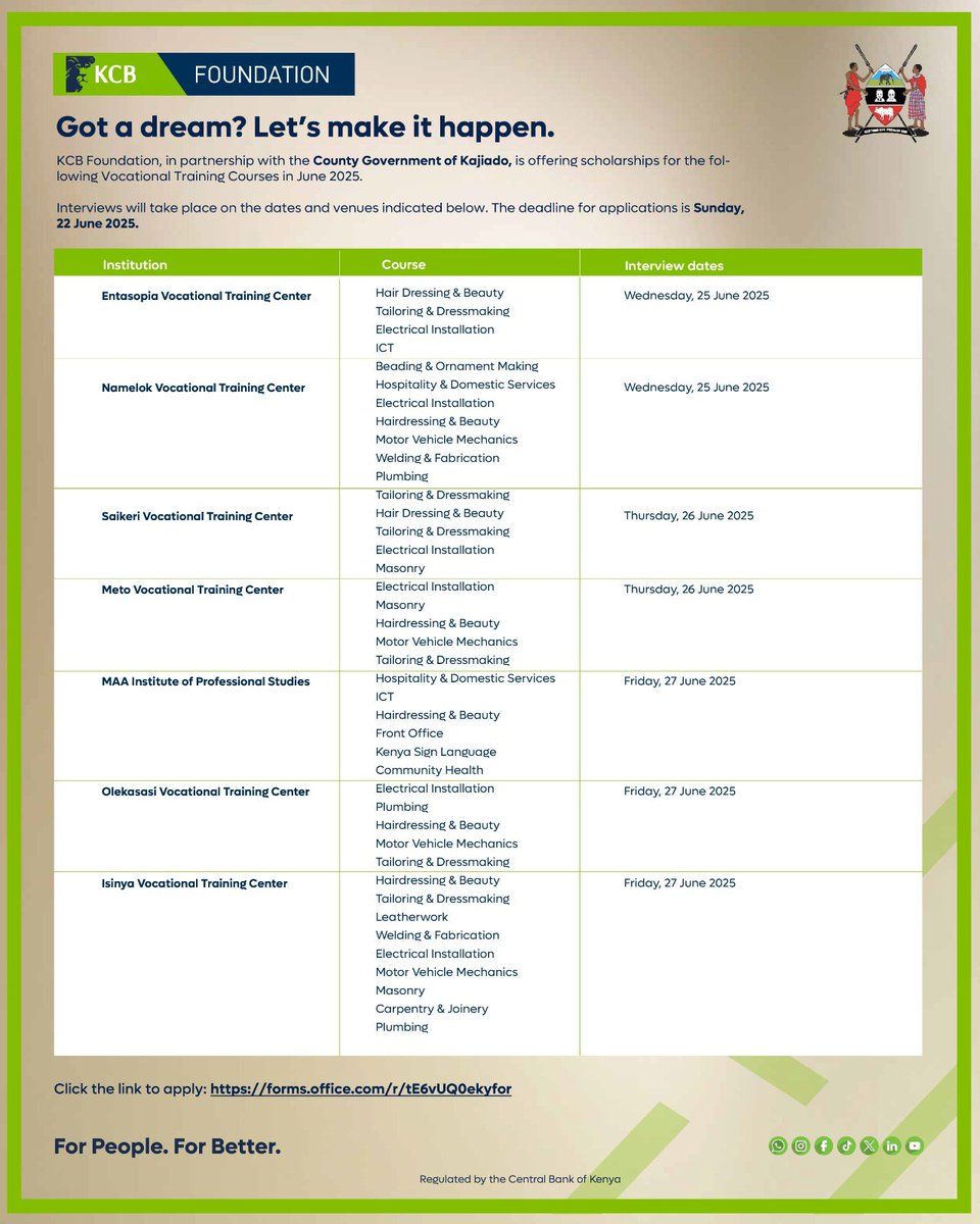 Got a dream? Let’s make it happen.
KCB Foundation, in partnership with the 
<a href="/KajiadoGov/">Kajiado County Government</a> , is offering scholarships for the following Vocational Training Courses in June 2025.

Application deadline: Sunday, 22 June 2025.
Apply here: bit.ly/45pWhnT 

#ForPeopleForBetter