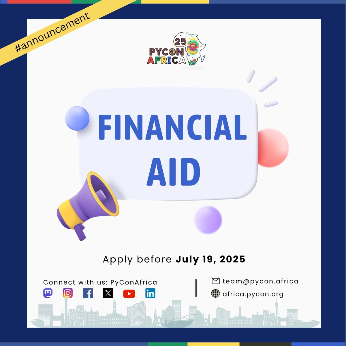 📢✨Great news!🎉
#PyConAfrica’s Financial Grant is now open!
If you need tickets, travel grants, or accommodation support to attend #PyConAfrica2025, apply now and join us for an unforgettable experience.
🔗👉 za.pycon.org/pages/about/op…
<a href="/pyconza/">PyConZA</a> #PyConAfrica25 #Python #FinancialAid