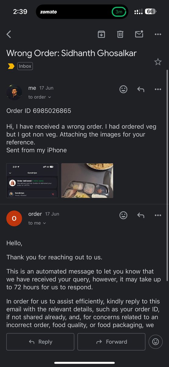 Siddhanth2595's tweet photo. @zomatocare its been more than 24 hours and all I have received are automated emails and messages.I understand that AI is the future but it cannot understand human issues. Pls check the screenshot. I got a non veg order while I placed veg order. This is unacceptable. @deepigoyal https://t.co/5dKni4QgVZ