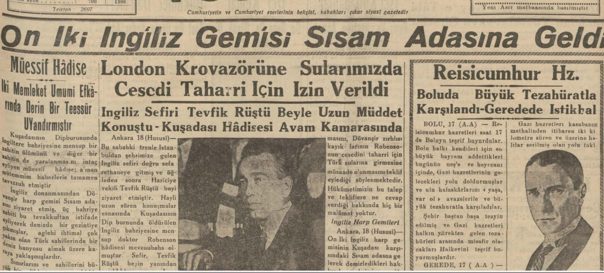 relaxmode74's tweet photo. İNGİLİZLERLE NEREDEYSE SAVAŞA GİRECEĞİMİZ 14 TEMMUZ 1934 KUŞADASI OLAYI : 14 temmuz 1934'de #kusadası'na #sisam tarafındaki bir #ingiliz gemisinden #sarhoş ve #çıplak 4 ingiliz #asker tekne ile yanaşmak ister. #türk #asker i dur ihtarına uymayan bu askerlere ateş açar. Bunlardan biri ölür diğeri yaralanır. İngilizler ayağa kalkar, #savaş #gemi lerini açıklarımıza gönderip tehdit ederler. Hatta Askerlerini öldüren zabiti almak için karaya çıkmak isterler. #Atatürk zabitin görevini yaptığını söyleyerek , buna kesinlikle izin vermeyeceğini , gerekirse savaşı göze alacağını net bir şekilde ingilizlere iletir. Sonunda genç #türkiye #cumhuriyet i #diplomasi yi en iyi şekilde kullanıp gerilimi azaltır. Ve #olay daha fazla büyümeden kapatılır.