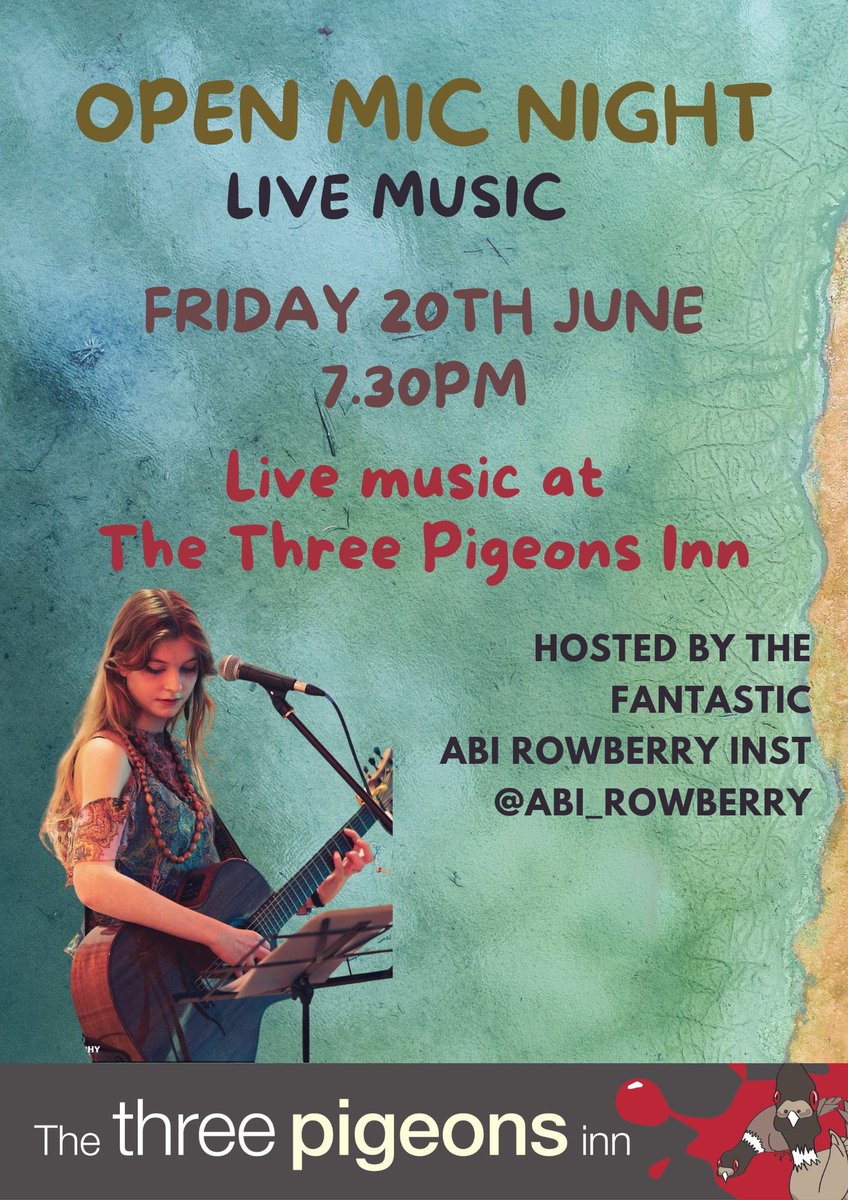 Open Mic Night Alert! 🎸🎤

Join us this Friday, June 20th, at 7:30 PM at The Three Pigeons Inn for a night of incredible local talent! Hosted by the amazing Abi Rowberry. Don't miss out on unforgettable live music!

📍 The Three Pigeons Inn, 3 Southam Road, Banbury.