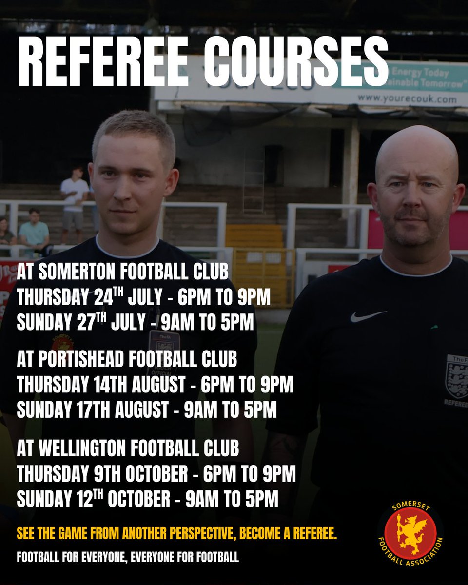 Somerset FA (@somersetfa) on Twitter photo Take the next step in your football journey – become a referee with Somerset FA ⚽️
📅 Somerton: 24 & 27 July
📅 Portishead: 14 & 17 Aug
📅 Wellington: 9 & 12 Oct
📩 Contact Martin: martin.peters@somersetfa.com
🔗 Book now: tinyurl.com/9vkmcwmf Take the next step in your football journey – become a referee with Somerset FA ⚽️
📅 Somerton: 24 & 27 July
📅 Portishead: 14 & 17 Aug
📅 Wellington: 9 & 12 Oct
📩 Contact Martin: martin.peters@somersetfa.com
🔗 Book now: tinyurl.com/9vkmcwmf