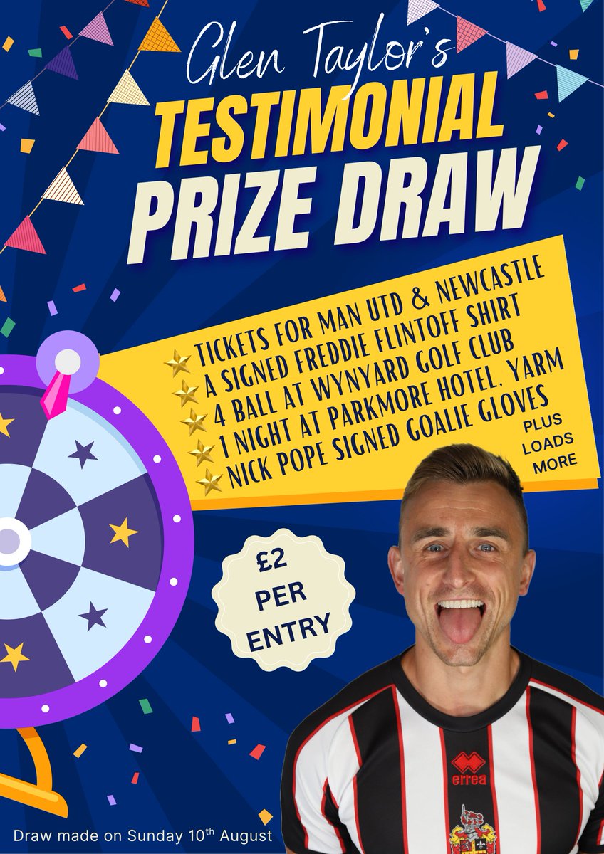 Spennymoor Town FC (@spennymoortown) on Twitter photo Moors legend Glen Taylor is celebrating the start of his Testimonial season by launching a special prize draw!
There are some stunning prizes up for grabs so make sure you get your tickets as soon as possible.
Full story here: tinyurl.com/mryyjaw5
#Moors | <a href="/GlenTaylor23/">Glen Taylor</a> Moors legend Glen Taylor is celebrating the start of his Testimonial season by launching a special prize draw!
There are some stunning prizes up for grabs so make sure you get your tickets as soon as possible.
Full story here: tinyurl.com/mryyjaw5
#Moors | <a href="/GlenTaylor23/">Glen Taylor</a>