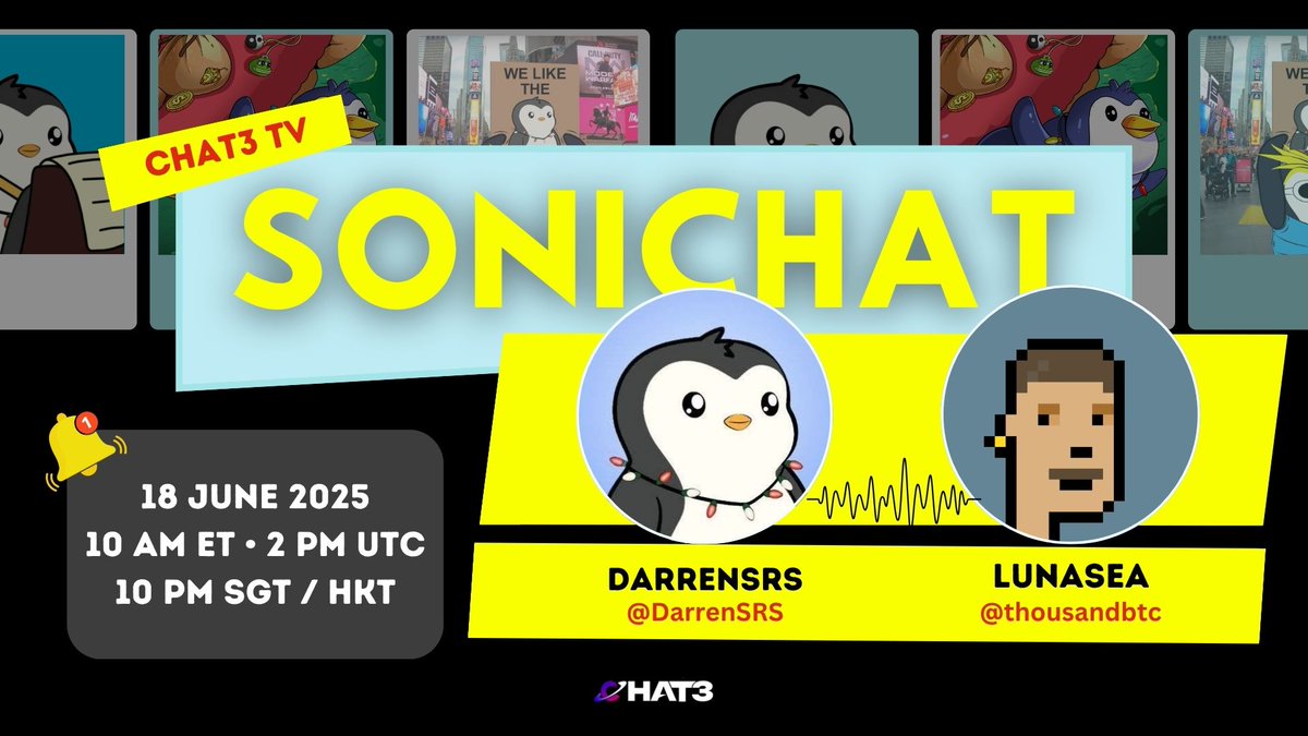chat3one's tweet photo. SONICHAT with @thousandbtc &amp; @DarrenSRS!

Come join the stream at 2PM UTC to see Darren’s new Penguin AI agent on @chat4PT 🐧

They are back with lots of gifts to you fam 🎁

Can't wait to see you there! https://t.co/6dgMNvgnfz