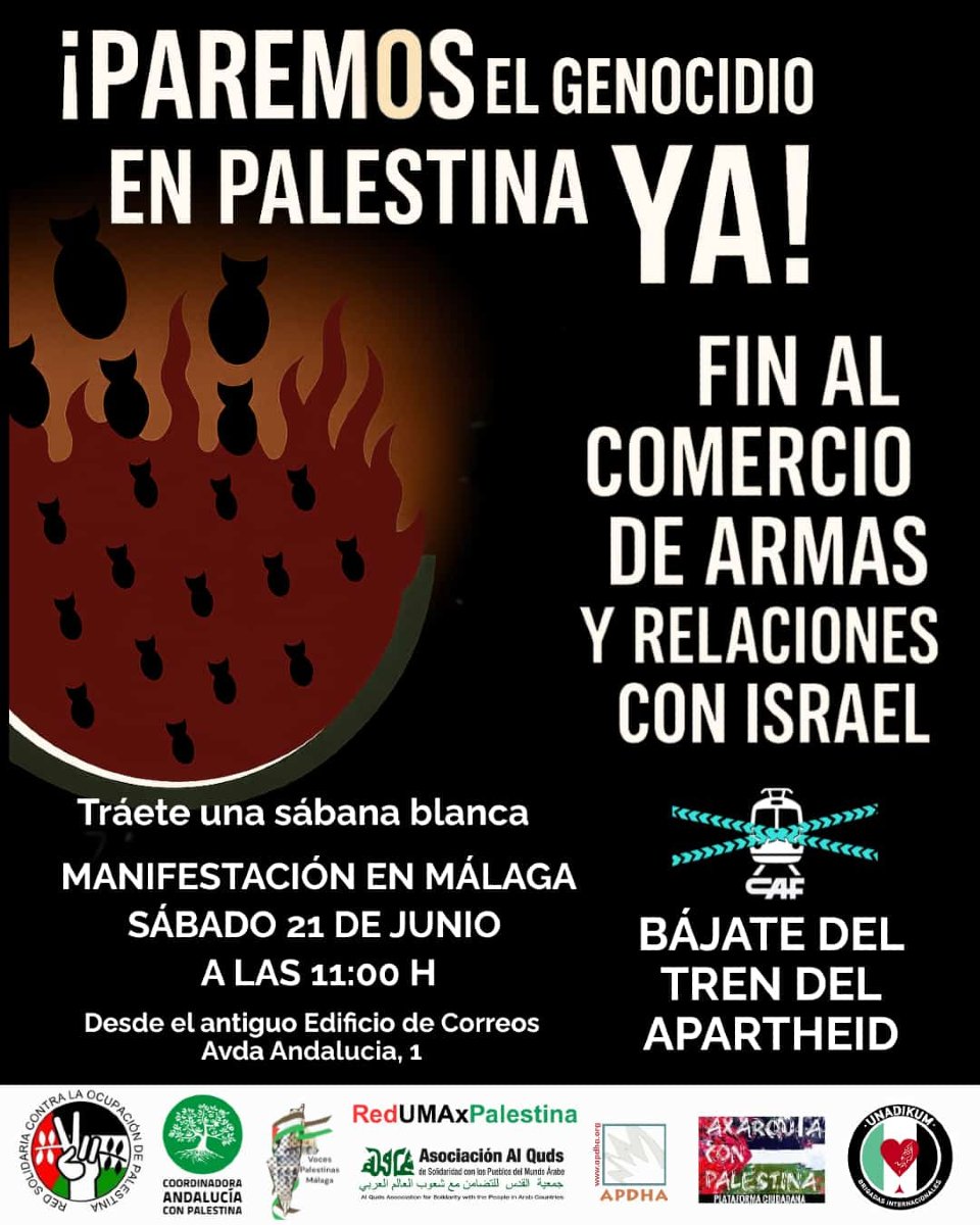 #CCOOMÁLAGAPROPONE

📢 ¡Paremos el genocidio en Palestina, ya! 🚫

Es necesario poner fin al comercio de armas y relaciones con Israel. 

¡Alto al genocidio! ¡Boicot a Israel, Palestina libre!

🗓️ 21 de junio
🕙 11:00h
📍 Desde el antiguo Edificio de Correos (Avda. Andalucía, 1)
