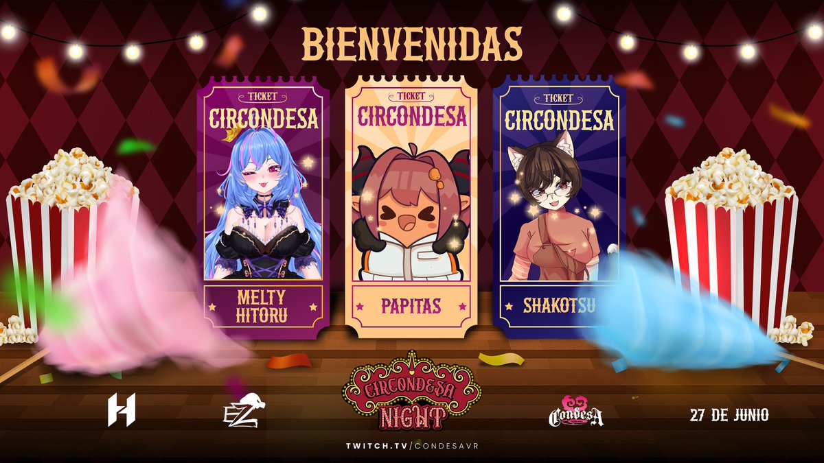 🎪¡Bienvenidos a CirCondesa Night! 🎪
¡Llegan las payasitas estelares!

🎉 Tres chicas graciosas, encantadoras y con más ocurrencias que globos en una fiesta 🎈
<a href="/PapitasVT/">PapitasVT 🍟</a> <a href="/MeltyHitoru/">Melty Hitoru👑🔮</a> <a href="/Shakotsu_VT/">【✧Shakotsu_VT🐾💕✧】✿#Vtuber✿</a> 

📅 27 de junio | 🕕 6PM CDMX
¡Nos vemos en la carpa virtual!