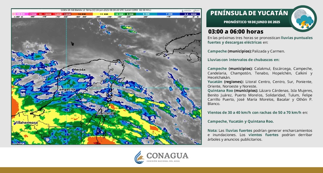 conagua_clima's tweet photo. En las próximas tres horas se pronostican #Lluvias fuertes y rachas fuertes de #Viento en la #PenínsuladeYucatán. Ver detalles en⬇️ https://t.co/75kqo4xDkL