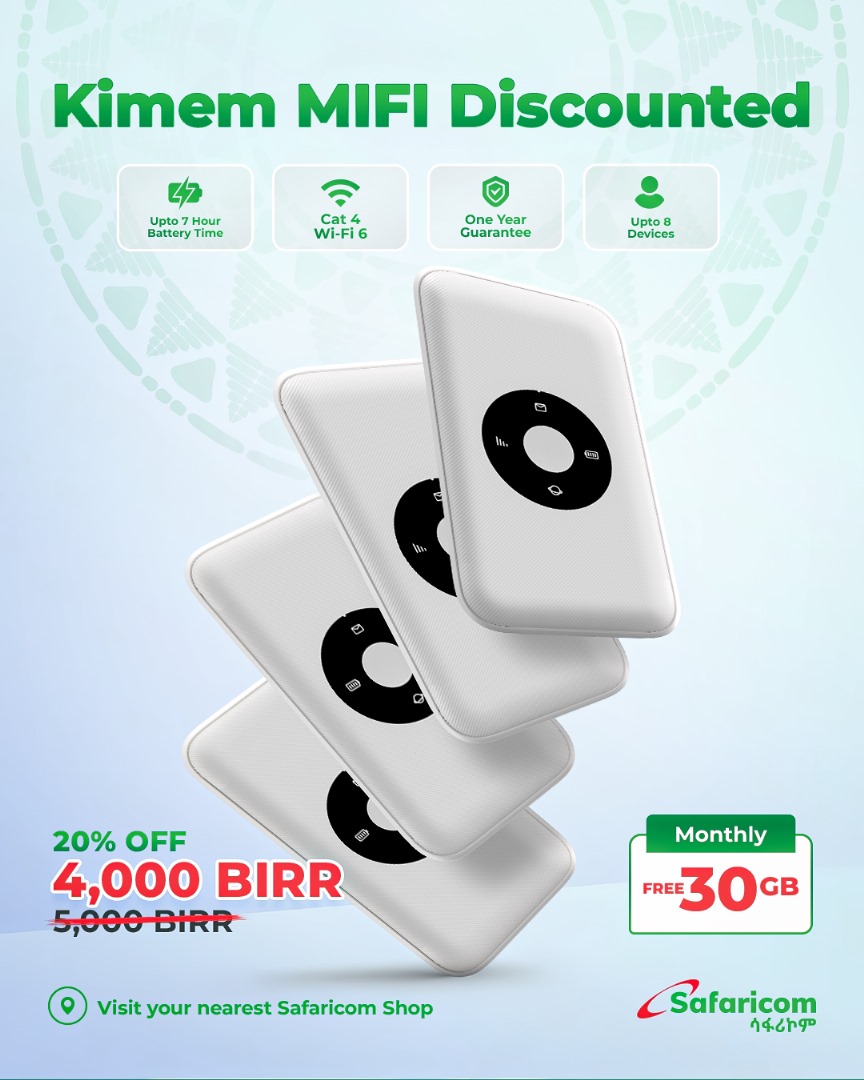 🌐 Kimem MIFI is now available at a discounted price! 🙌

⚡️ Designed with the latest Tech, 7 hour battery life, and support for up to 8 users with fast 4G internet!

🎁 Get a FREE 30GB data bonus valid for 30 days! 😊

⚡️The future is here with Safaricom!

#SafaricomEthiopia