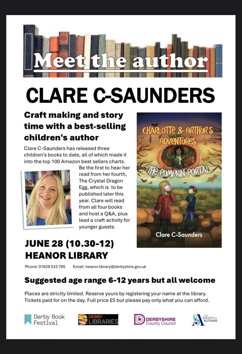 Clare Cunliffe-Saunders. Author/VOA (@mediaclare) on Twitter photo Updated poster for my next author event at Heanor Library. Looking forward to meeting some wonderful young readers & their families
<a href="/DerbyBookFest/">Derby Book Festival</a> <a href="/DerbyshireLibs/">Derbyshire Libraries</a>
#AuthorEvent #kidsBooks #ChildrensEvent #FamilyDayOut #FantasyFiction #AuthorReading #BookSigning Updated poster for my next author event at Heanor Library. Looking forward to meeting some wonderful young readers & their families
<a href="/DerbyBookFest/">Derby Book Festival</a> <a href="/DerbyshireLibs/">Derbyshire Libraries</a>
#AuthorEvent #kidsBooks #ChildrensEvent #FamilyDayOut #FantasyFiction #AuthorReading #BookSigning