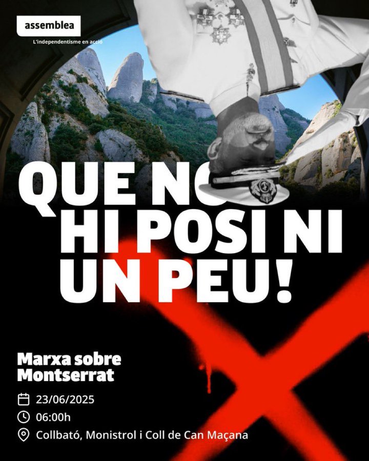 El rei dels espanyols no ha de venir a fer res a Catalunya. Ni el volem ni el necessitem. 

DILLUNS 23 de juny, #MarxaSobreMontserrat per defensar la catalanitat de la muntanya i els seus símbols. 

A les 6  del matí sortirem de Collbató, Monistrol i Coll de Can Maçana.
