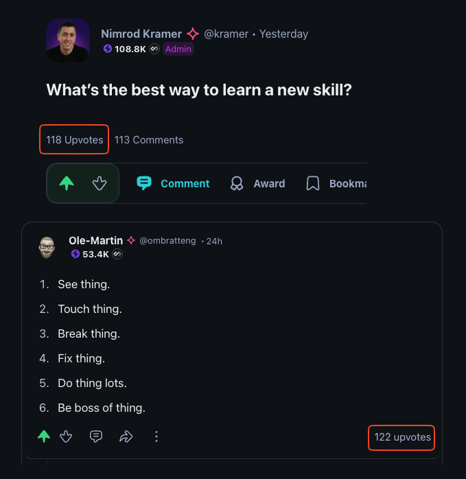 Nimrod Kramer (@nimrodkramer) on Twitter photo You really know you've sparked a great discussion when a comment gets more upvotes than the post itself!
Well done <a href="/omBratteng/">Ole-Martin</a> You really know you've sparked a great discussion when a comment gets more upvotes than the post itself!
Well done <a href="/omBratteng/">Ole-Martin</a>