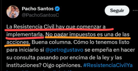 El hombre “probo”, “recto”, “estadista”, “sensato”… de <a href="/PachoSantosC/">Pacho Santos</a>, está llamando a la evasión fiscal

El Estado le paga una millonaria pensión, durante décadas el Estado lo empleó como trabajador y gracias al Estado, su familia Santos Calderón amasó una fortuna. ¿Y ahora no