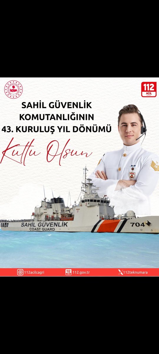 Gaziantep 112 Acil Çağrı Merkezi (@gaziantep112acm) on Twitter photo 112 Acil Çağrı Merkezi olarak, denizlerimizde güvenliğin teminatı olan vatanımızın maviliklerinde gece gündüz demeden görev yapan tüm personeli ile birlikte Sahil Güvenlik Komutanlığımızın 43. kuruluş yıl dönümünü gururla kutluyoruz.🇹🇷
<a href="/TC_icisleri/">T.C. İçişleri Bakanlığı</a>
<a href="/112teknumara/">112 Acil Çağrı Merkezleri</a> 112 Acil Çağrı Merkezi olarak, denizlerimizde güvenliğin teminatı olan vatanımızın maviliklerinde gece gündüz demeden görev yapan tüm personeli ile birlikte Sahil Güvenlik Komutanlığımızın 43. kuruluş yıl dönümünü gururla kutluyoruz.🇹🇷
<a href="/TC_icisleri/">T.C. İçişleri Bakanlığı</a>
<a href="/112teknumara/">112 Acil Çağrı Merkezleri</a>