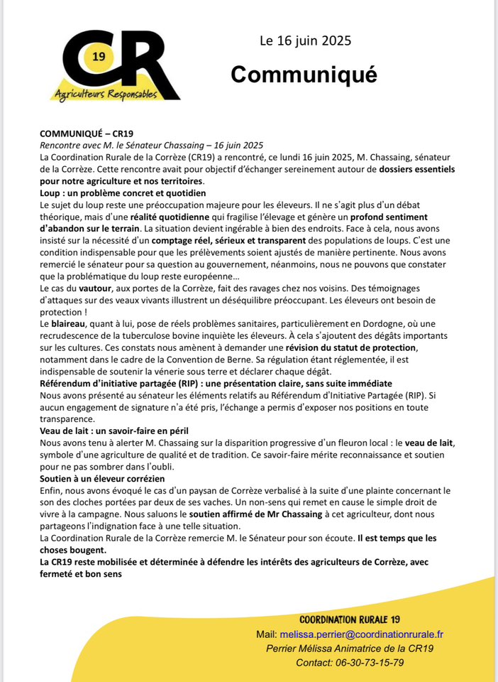 🔴 Rencontre de la #CoordinationRurale de #Corrèze avec le sénateur M. Daniel CHASSEING
Au cœur des discussions : le loup, le vautour, le blaireau, le référendum d’initiative partagée, le veau de lait…
Découvrez le compte-rendu ci-dessous 👇
#AgricultureFrançaise