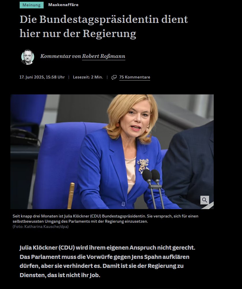 Till Steffen (@till_steffen) on Twitter photo Der Bundestag will die Vorwürfe gegen Jens Spahn aufklären. Die Bundestagspräsidentin <a href="/JuliaKloeckner/">Julia Klöckner</a> verhindert dies. Sie hat einen Antrag für eine Sondersitzung in zuständigen Ausschüssen abgelehnt. Damit ist sie der Regierung zu Diensten, das ist aber nicht ihr Job. Der Bundestag will die Vorwürfe gegen Jens Spahn aufklären. Die Bundestagspräsidentin <a href="/JuliaKloeckner/">Julia Klöckner</a> verhindert dies. Sie hat einen Antrag für eine Sondersitzung in zuständigen Ausschüssen abgelehnt. Damit ist sie der Regierung zu Diensten, das ist aber nicht ihr Job.