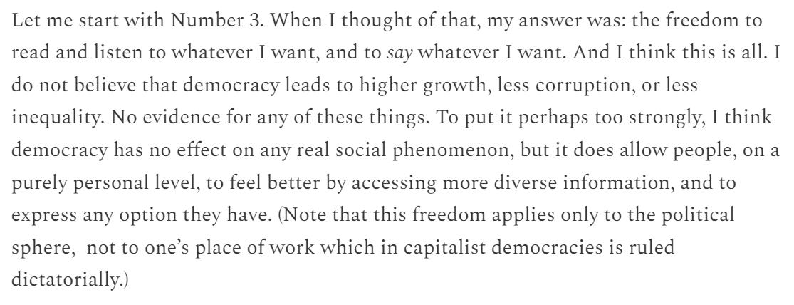 Institutional capture is complete. I go back to <a href="/BrankoMilan/">Branko Milanovic</a> argument that the only advantage of democracies to dictatorships is the freedom to say what we like on social media. The lesson of the 21stC is that Western Govts ignore their people the same way dictatorships do theirs