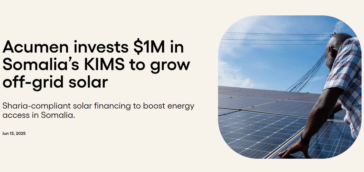 TransformingEnergyAccess (@teaenergyaccess) on Twitter photo To scale off-grid solar in Somalia, <a href="/Acumen/">Acumen</a>, with support from the British Embassy Mogadishu and UK aid via the TEA platform, has invested $1m through the Hardest-to-Reach Initiative.
It combines local expertise, catalytic capital and #solar potential to expand #EnergyAccess. To scale off-grid solar in Somalia, <a href="/Acumen/">Acumen</a>, with support from the British Embassy Mogadishu and UK aid via the TEA platform, has invested $1m through the Hardest-to-Reach Initiative.
It combines local expertise, catalytic capital and #solar potential to expand #EnergyAccess.