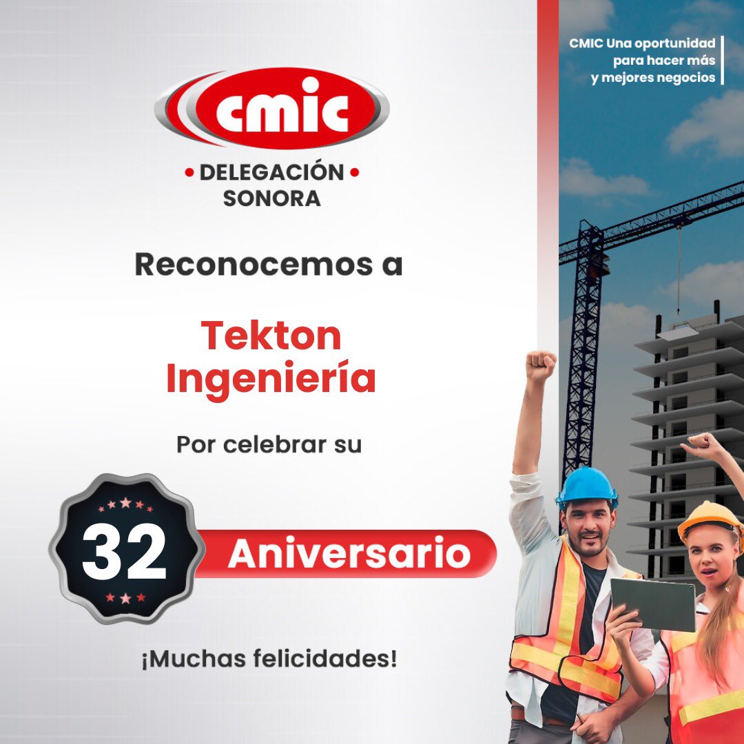 👏🏼 En CMIC Sonora queremos felicitar a nuestros amigos de Tekton Ingeniería, por su aniversario.

¡Les deseamos un gran y exitoso año! ✅