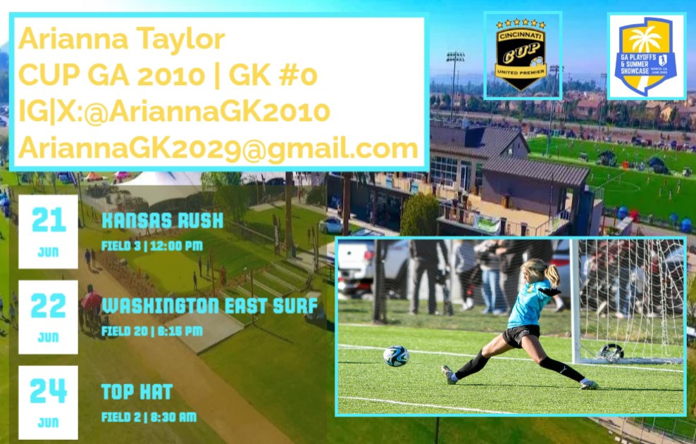 Arianna Taylor (@ariannagk2010) on Twitter photo Playoff time!! Heading back to Norco, CA for #GASummer Excited to compete with my teammates!
Come check us out 💛🖤 <a href="/CUPGirlsAcademy/">Cincinnati United Premier Girls Academy</a>
<a href="/GAcademyLeague/">Girls Academy</a> <a href="/USYNT/">U.S. Soccer YNT</a> <a href="/CampShutout/">Camp Shutout GK Training</a> <a href="/TopDrawerSoccer/">TopDrawerSoccer</a> <a href="/PrepSoccer/">Prep Soccer ⚽️</a> <a href="/TheSoccerWire/">SoccerWire</a> <a href="/ugkalliance/">@unitedgkalliance</a> <a href="/ImYouthSoccer/">ECNL/GA/Recruiting/College Soccer</a> <a href="/ImCollegeSoccer/">College Soccer Truth ™</a> Playoff time!! Heading back to Norco, CA for #GASummer Excited to compete with my teammates!
Come check us out 💛🖤 <a href="/CUPGirlsAcademy/">Cincinnati United Premier Girls Academy</a>
<a href="/GAcademyLeague/">Girls Academy</a> <a href="/USYNT/">U.S. Soccer YNT</a> <a href="/CampShutout/">Camp Shutout GK Training</a> <a href="/TopDrawerSoccer/">TopDrawerSoccer</a> <a href="/PrepSoccer/">Prep Soccer ⚽️</a> <a href="/TheSoccerWire/">SoccerWire</a> <a href="/ugkalliance/">@unitedgkalliance</a> <a href="/ImYouthSoccer/">ECNL/GA/Recruiting/College Soccer</a> <a href="/ImCollegeSoccer/">College Soccer Truth ™</a>
