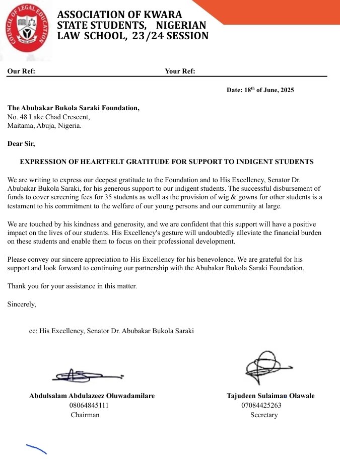 Dr.  Abubakar <a href="/bukolasaraki/">Dr. Abubakar Bukola Saraki</a> is at it again!!  Through his <a href="/absfoundationng/">Abubakar Bukola Saraki Foundation</a> he has paid fees of 35 law school students and provided gowns and wigs for others.

Dr. Bukola Saraki's legacy of supporting educational excellence is unparalleled.