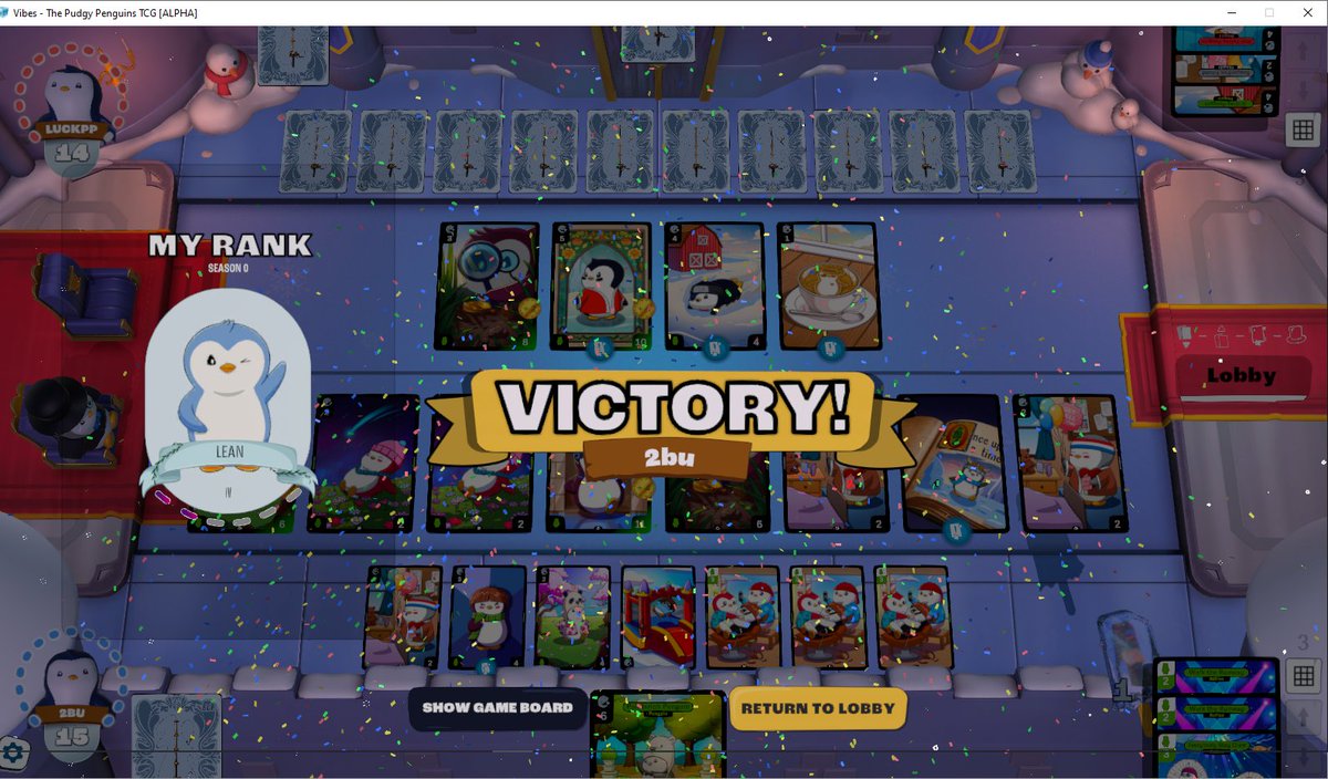 B U 💜 🗿 (@whenlambobu) on Twitter photo First game on <a href="/vibes_tcg/">Vibes (Pudgy TCG)</a> today was an absolute BATTLE!
We were both at 15 cards in play, his mega penguin had one more turn until I couldnt win vibe check anymore, He played a card to flop one of my penguins of his choice. He thought it was checkmate but I held one card from the First game on <a href="/vibes_tcg/">Vibes (Pudgy TCG)</a> today was an absolute BATTLE!
We were both at 15 cards in play, his mega penguin had one more turn until I couldnt win vibe check anymore, He played a card to flop one of my penguins of his choice. He thought it was checkmate but I held one card from the