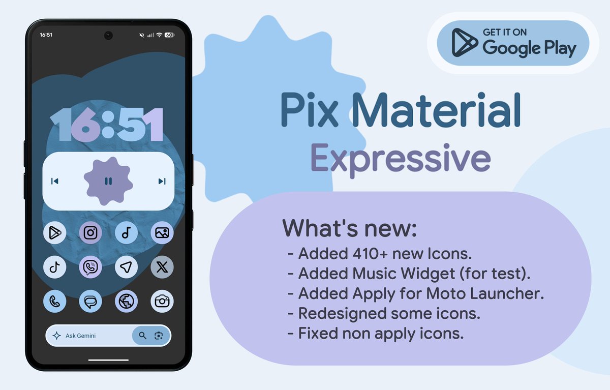 🔥 Update Pix Material Expressive Icons is live.

- Added 410+ new Icons.
- Added Music Widget (for test).
- Added Apply for Moto Launcher.
- Redesigned some icons.
- Fixed non apply icons.

Google Play:
play.google.com/store/apps/det…