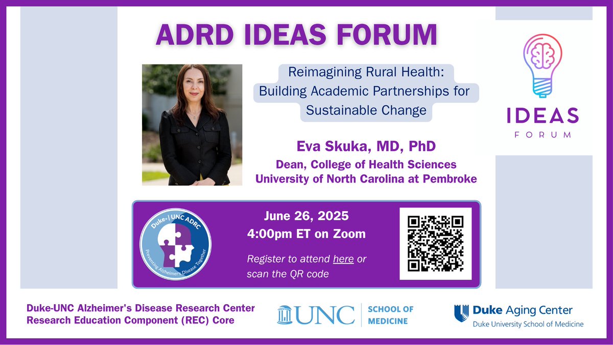 REC_dukeuncadrc's tweet image. Join the @REC_dukeuncadrc next week for a fresh perspective on #ruralhealth and how academic partnerships can play a role!
Thursday, June 26th @ 4pm on Zoom
Register here: zoom.us/meeting/regist…
@uncpembroke @Duke_UNC_ADRC @UNCGeriatrics @AgingDuke @UNC_ORI_SOM