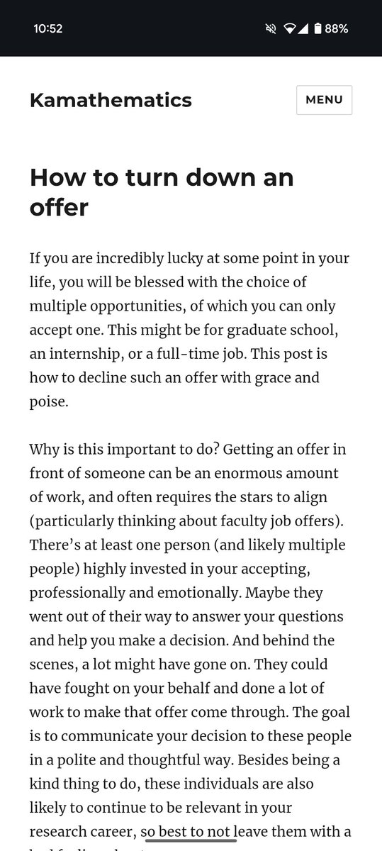 I wrote a short post on some etiquette for a seemingly mundane task: declining an offer (for a job, internship, grad school, etc). Link in next tweet. 1/2