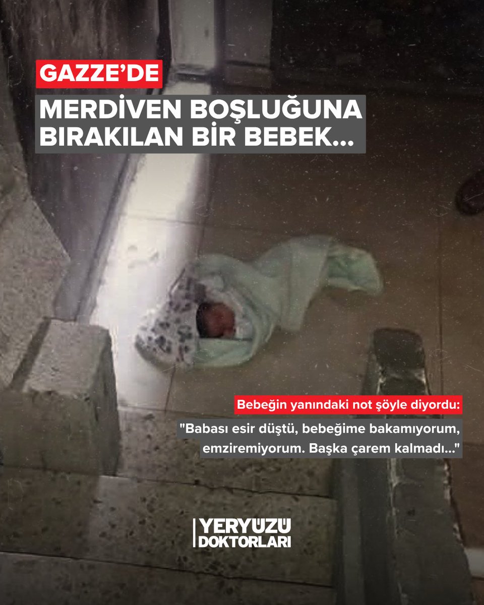 🥀Gazze’de merdiven boşluğuna bırakılmış bir bebek bulundu.

🗒️ Bebeğin yanında bulunan not şöyle diyordu:
“Babası esir düştü. Bebeğime bakamıyorum, emziremiyorum. Başka çarem kalmadı, yemek bulamıyorum..”

Gazze’de anneler evlatlarını yaşatabilmek için her gün çaresizce