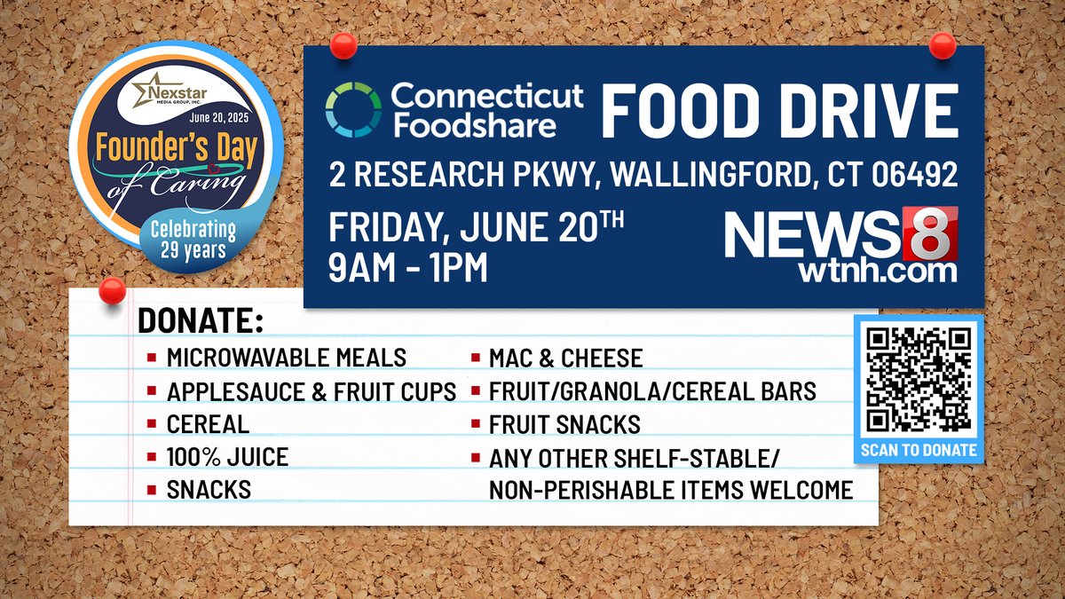 Connecticut Foodshare (@ctfoodshare) on Twitter photo School is out but hunger never takes a break. We're teaming up with <a href="/WTNH/">WTNH News 8</a> for a food drive to help the 1 in 6 children in CT who are food insecure. You can drop off items this Friday 6/20 from 9am-1pm or make a monetary donation. donate.ctfoodshare.org/campaign/69646… School is out but hunger never takes a break. We're teaming up with <a href="/WTNH/">WTNH News 8</a> for a food drive to help the 1 in 6 children in CT who are food insecure. You can drop off items this Friday 6/20 from 9am-1pm or make a monetary donation. donate.ctfoodshare.org/campaign/69646…
