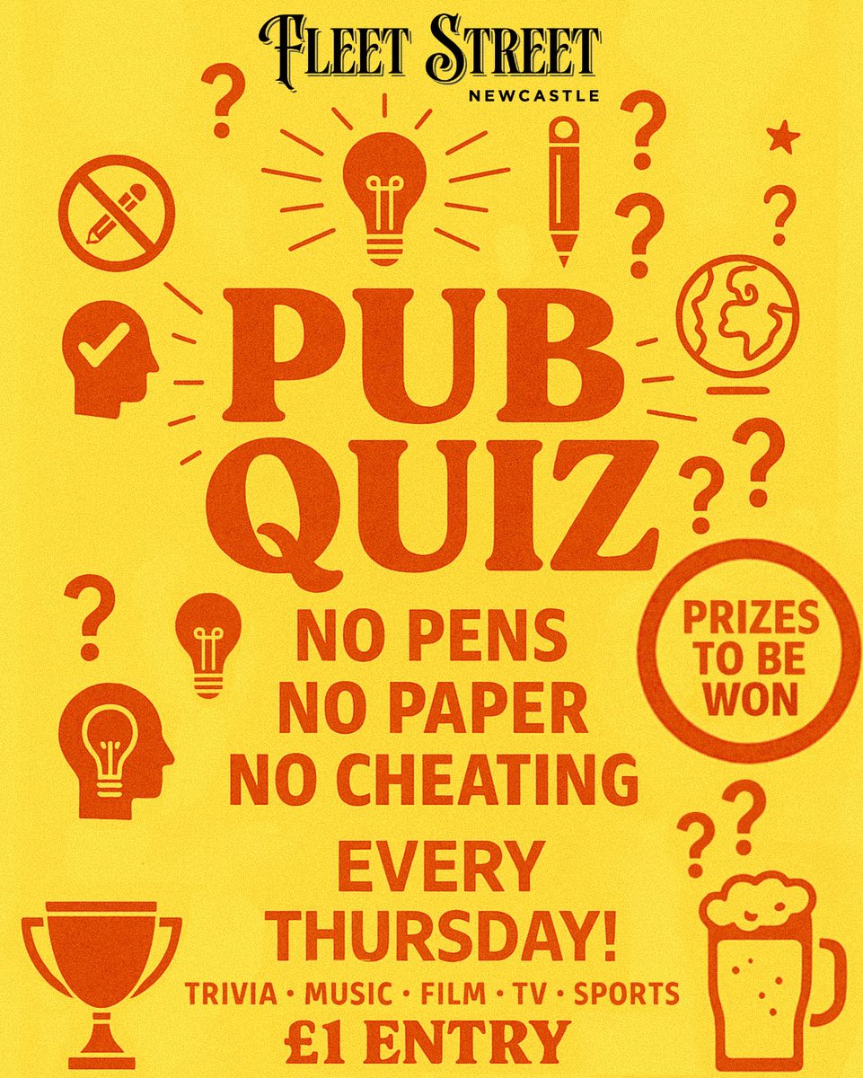 🧠QUIZ NIGHT AT FLEET STREET!🧠

North East SpeedQuizzing will be bringing the ultimate Quiz Night to Fleet Street EVERY THURSDAY! 

📱𝐍𝐨 𝐩𝐞𝐧𝐬, 𝐧𝐨 𝐩𝐚𝐩𝐞𝐫, 𝐧𝐨 𝐜𝐡𝐞𝐚𝐭𝐢𝐧𝐠! We provide the tablets – just bring your brainpower and your best quiz mates!

🎶⚽