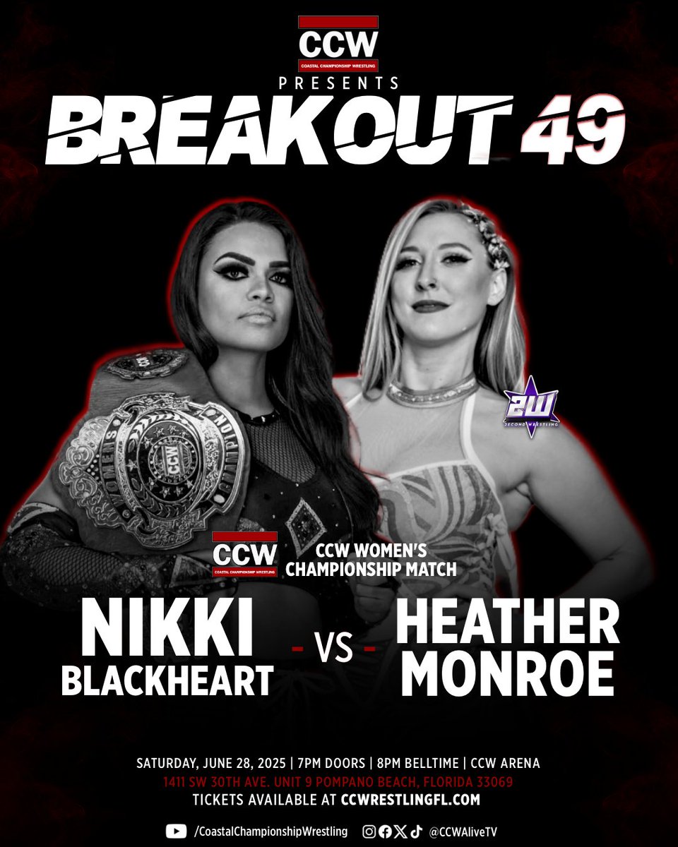 Coastal Championship Wrestling (@ccwalivetv) on Twitter photo 🚨 MATCH ANNOUNCEMENT 🚨
Nikki Blackheart's first title defense as CCW Women's Champion is set!
** NIKKI BLACKHEART VS. HEATHER MONROE **
Heather Monroe makes her CCW debut, in collaboration with <a href="/2econdWrestling/">2econd Wrestling</a>!
Sat. 06/28
📍 Pompano Beach, FL
🎟️ coastalchampionshipwrestlingfl.com/events-1/break… 🚨 MATCH ANNOUNCEMENT 🚨
Nikki Blackheart's first title defense as CCW Women's Champion is set!
** NIKKI BLACKHEART VS. HEATHER MONROE **
Heather Monroe makes her CCW debut, in collaboration with <a href="/2econdWrestling/">2econd Wrestling</a>!
Sat. 06/28
📍 Pompano Beach, FL
🎟️ coastalchampionshipwrestlingfl.com/events-1/break…