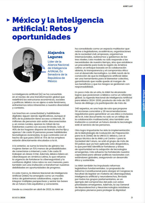 ¿Ya leíste #MagazineASIET?

✍️ <a href="/alelagunes/">Alejandra Lagunes</a>, Líder de la <a href="/ANIAMEXICO/">Alianza Nacional de Inteligencia Artificial México</a>, compartió su opinión sobre los retos y oportunidades de la inteligencia artificial en #México.

Si te interesan estos temas, síguenos para enterarte de todas las novedades. 📧 Suscríbete a nuestro #newsletter