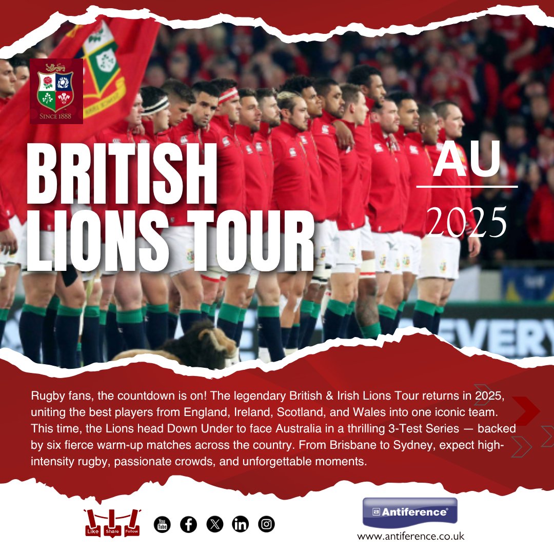 🏉The British &amp; Irish Lions return in 2025!
One team, four nations, heading to Australia for an epic Test Series 🦁
At Antiference, we’re ready to bring every try, tackle &amp; triumph to your screens in crystal clarity 📺
#LionsTour2025 #BritishAndIrishLions #Antiference #RugbyRoars