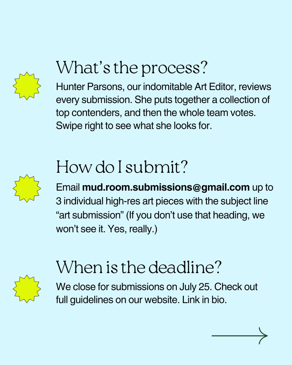 MudRoomMag's tweet image. In case you weren&apos;t aware, you should send us your art 👀 

Submissions are open through July 25. Guidelines here: mudroommag.com/submissions