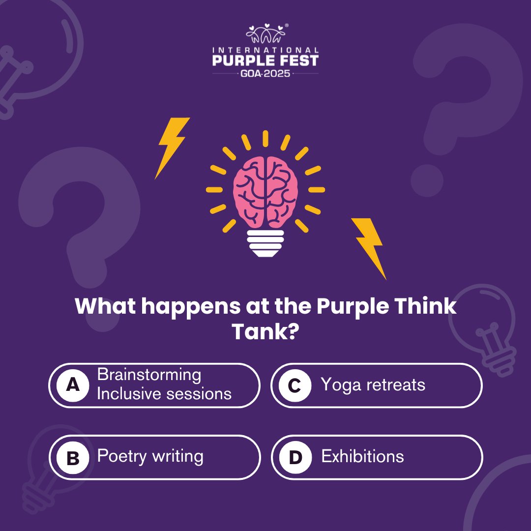 purplefestgoa's tweet image. Here&apos;s a quiz: Do you know what happens at the Purple Think Tank? 

Choose the correct options and share your answers below!

Image description in comments

#InternationalPurpleFest2025  #IPFG2025 #AbilityNotDisability #Empowerment #Resiliance #CelebratingDiversity #Accessiblity