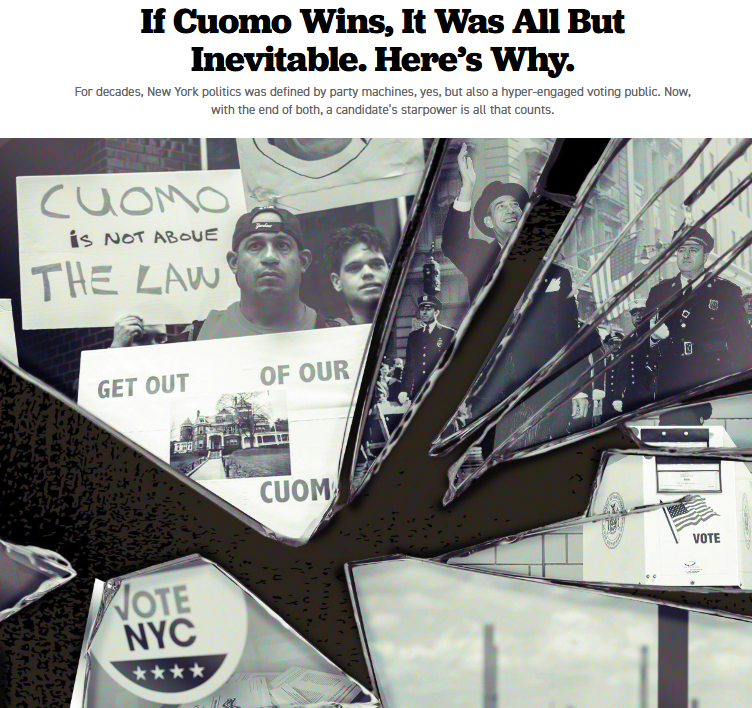 Will Bredderman (@willbredderman) on Twitter photo NEW, from me, in <a href="/POLITICOMag/">POLITICO Magazine</a>: how the disintegration of New York City's civic consciousness and Democratic Party infrastructure made name recognition the key factor in its mayor's race—and made Cuomo's political resurrection possible. NEW, from me, in <a href="/POLITICOMag/">POLITICO Magazine</a>: how the disintegration of New York City's civic consciousness and Democratic Party infrastructure made name recognition the key factor in its mayor's race—and made Cuomo's political resurrection possible.