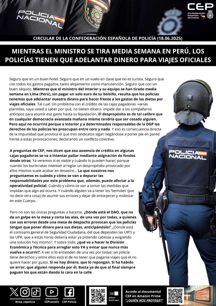 👮🏻‍♂️👮🏻 Mientras el ministro #MarlaskaDimite y su equipo se tiran media semana en Perú, a gastos pagados, los policías tienen que poner dinero de su bolsillo por un despropósito (otro más…) de los burócratas de despacho. No es tiempo de excusas sino de exigir responsabilidades.