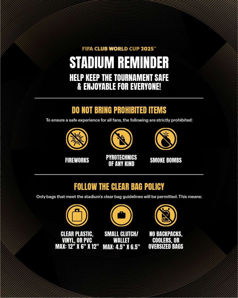 Help keep the tournament safe and enjoyable for everyone by reviewing our prohibited items list prior to arrival. This can be found at the link below or on the FIFA Club World Cup app.  

digitalhub.fifa.com/m/318a5dfbe7df…