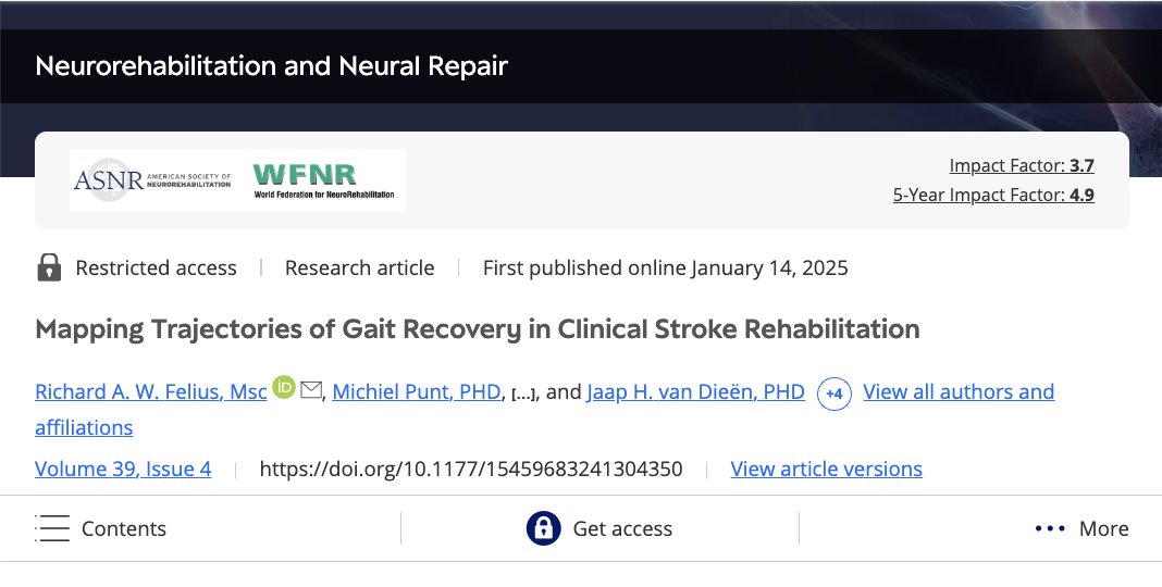 Recent work examining #gait recovery trajectories after #stroke over the course of #rehabilitation showed a high degree of variability between individuals, &amp; the rate of change of gait features wasn't strongly associated w/ patient characteristics studied.
journals.sagepub.com/doi/abs/10.117…
