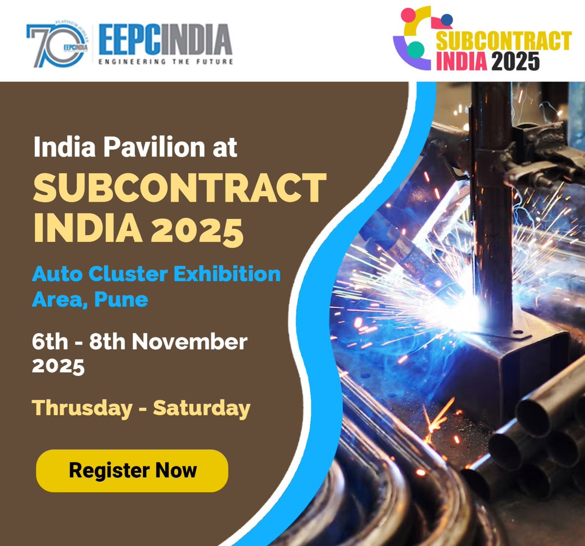 Be a Part of SUBCONTRACT INDIA 2025  -  the Global  Sourcing Destination - this time in Pune 
👉Exhibitor Participation Charges 
Indian   @INR/Sqm
•EEPC India Members -Rs 10,000  -12000 
•Others Rs 11000 -13000
Overseas @USD/sqm - USD 250-275 
🚩Know More  -