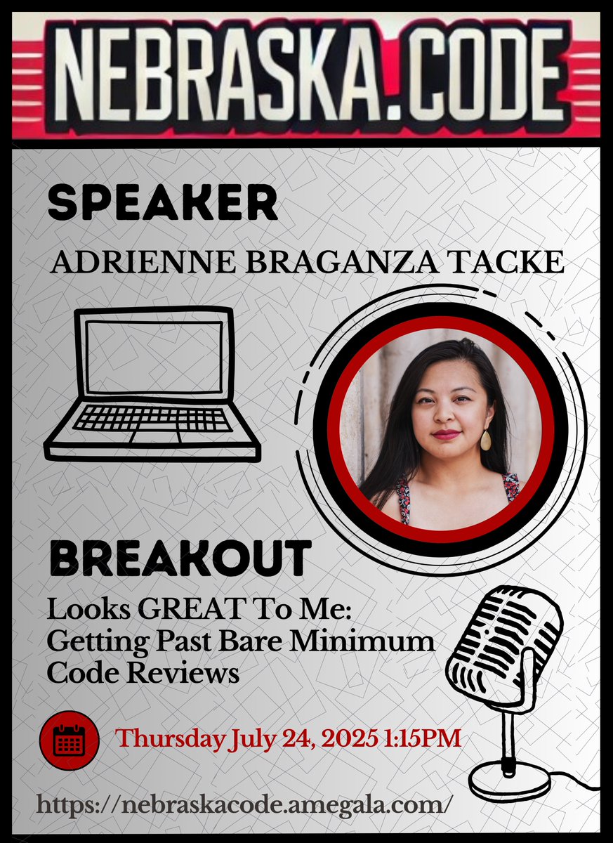 amegala's tweet image. @AdrienneTacke presents &apos;Looks GREAT To Me: Getting Past Bare Minimum Code Reviews&apos; July 24th at Nebraska.Code().

nebraskacode.amegala.com

#CodeReviews #SoftwareCraftsmanship #TechConf #Nebraska @OmahaWIT @WomenTechCncl @AgileIowa @DowntownChamber @omahanehr @CityOfLincoln #IT