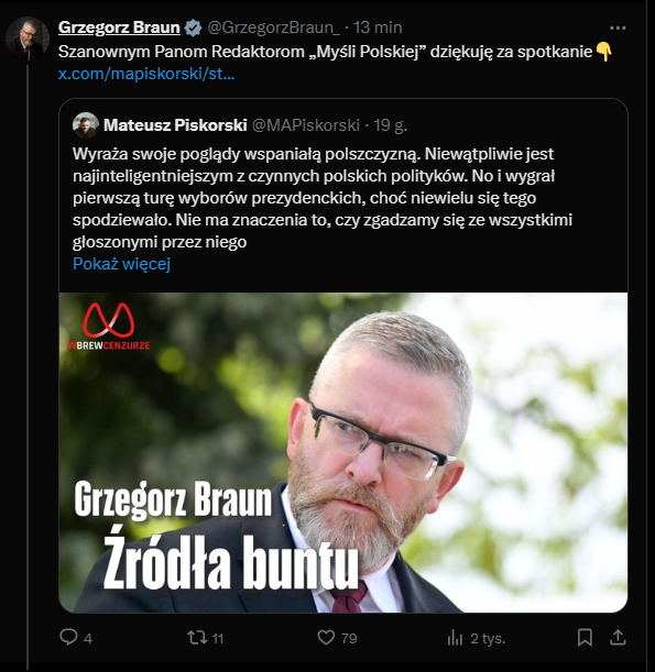 Kolejny przykład "intrygującej" aktywności <a href="/GrzegorzBraun_/">Grzegorz Braun</a>. Tym razem wziął on udział w wywiadzie przeprowadzonym przez Mateusza Piskorskiego (oskarżonego o szpiegostwo na rzecz Rosji) de facto promując jego projekt "Wbrew Cenzurze", który wykorzystywany jest m. in. do