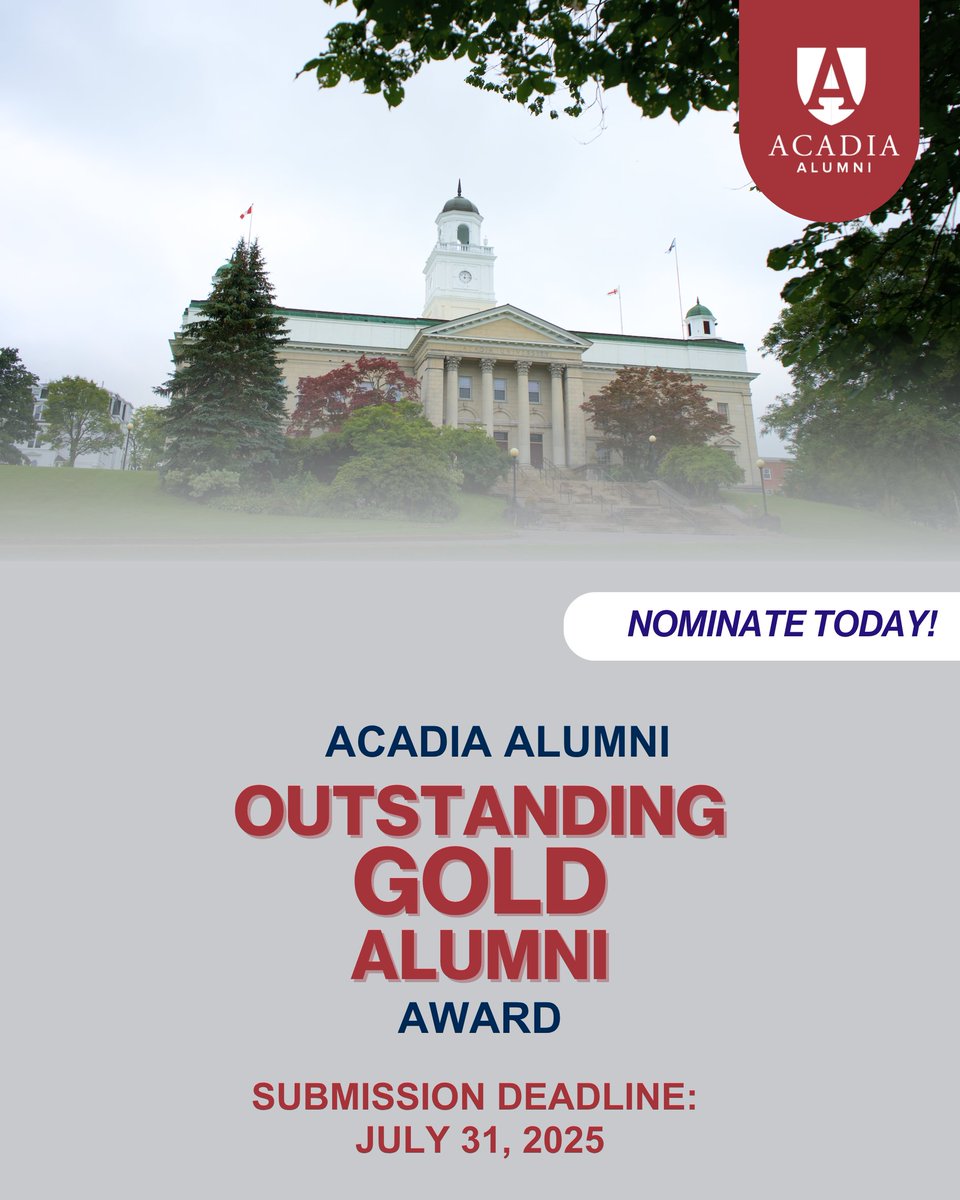 acadia_alumni's tweet image. If you know an Acadia Graduate of the Last Decade (GOLD) who is making a difference in their profession or community, we want to hear from you! The 2026 Acadia Alumni Outstanding GOLD Alumni Award nominations are open. Submit by July 31, 2025: aualumni.info/4jZVs91