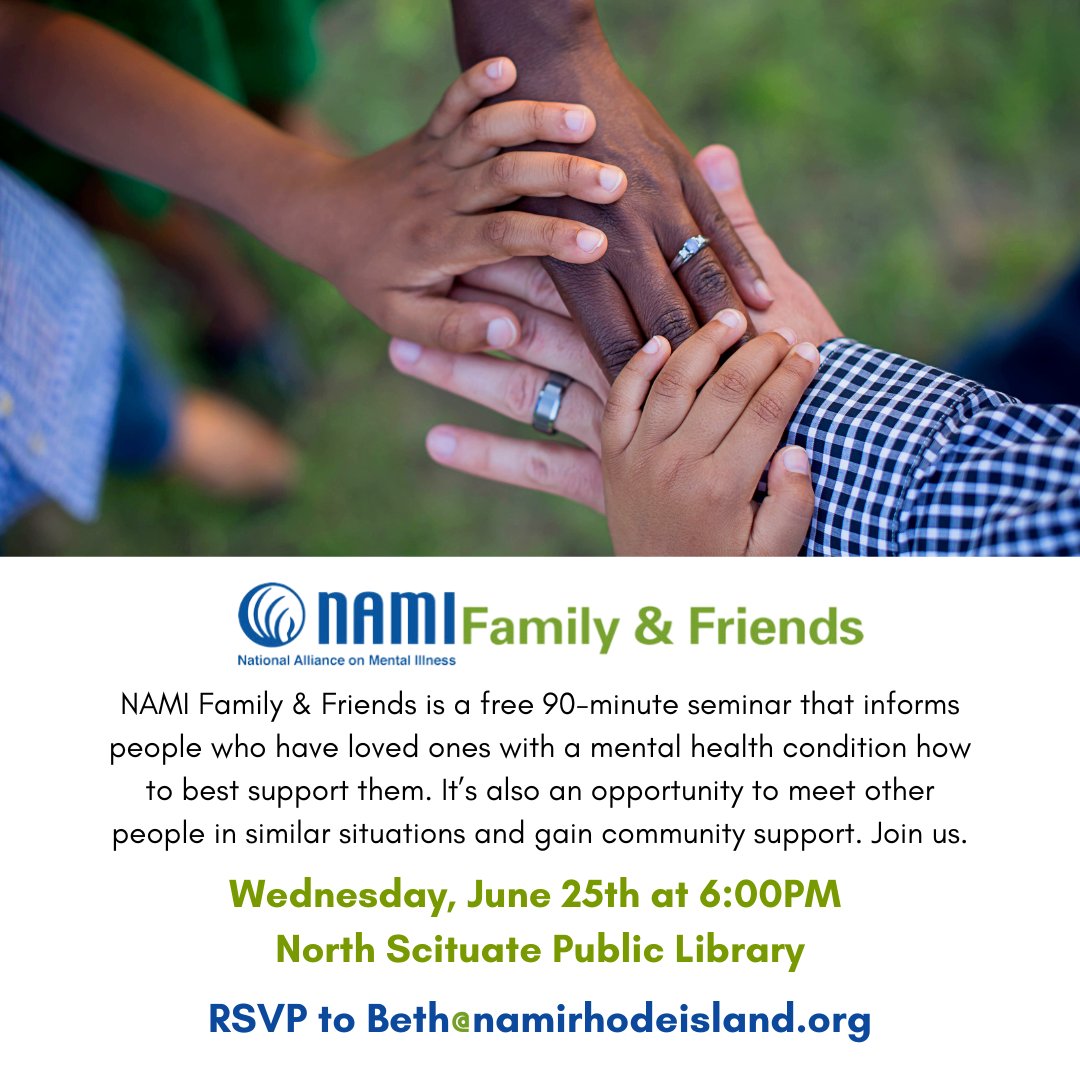 NAMI Rhode Island (@naminri) on Twitter photo NAMI Family & Friends is a free seminar that informs people who have loved ones with a mental health condition how to best support them. It’s also an opportunity to meet other people in similar situations and gain community support. email beth@namirhodeisland.org
#mentalhealth NAMI Family & Friends is a free seminar that informs people who have loved ones with a mental health condition how to best support them. It’s also an opportunity to meet other people in similar situations and gain community support. email beth@namirhodeisland.org
#mentalhealth