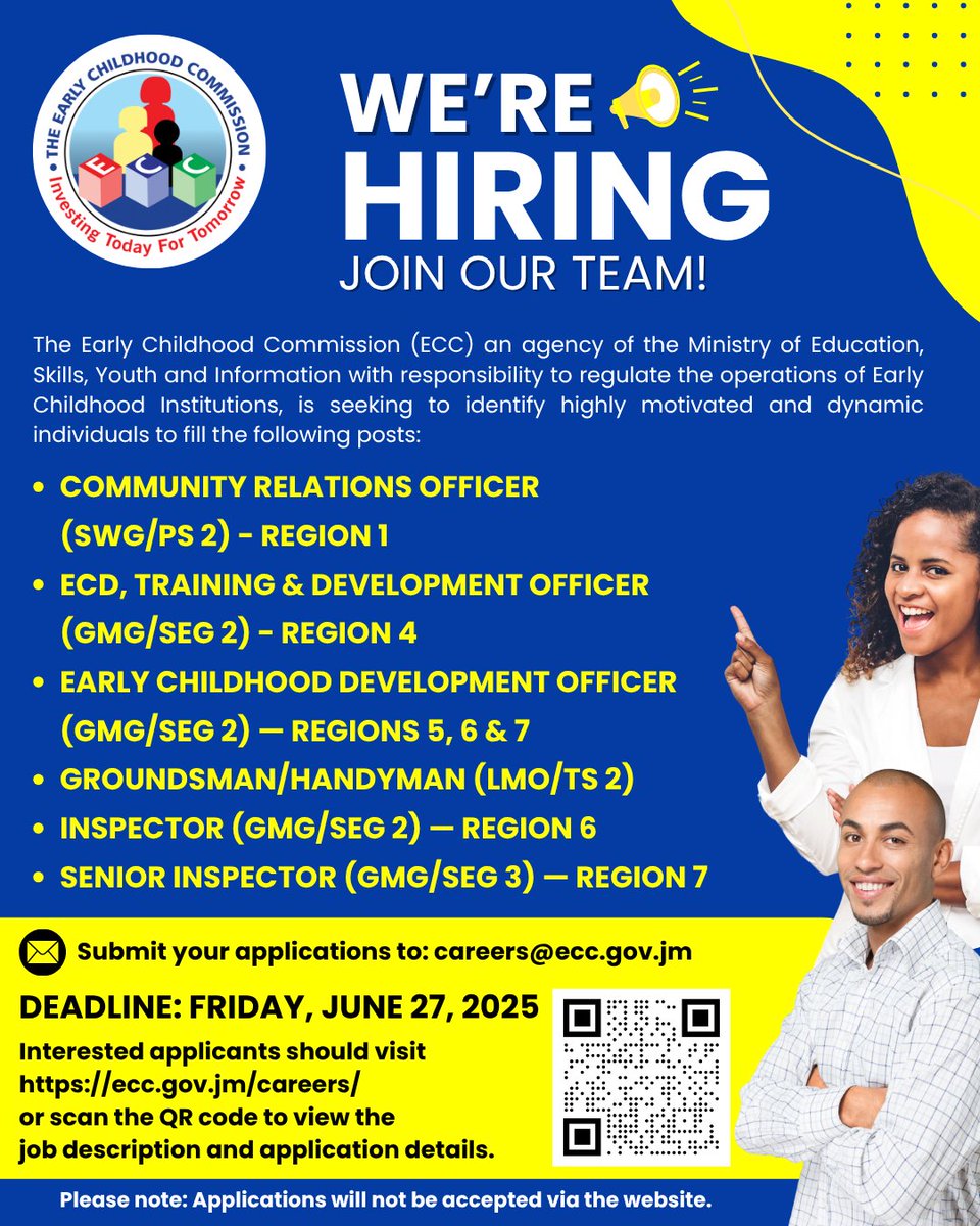 Early Childhood Commission (@eccja) on Twitter photo 🚀 Join our vibrant team—we’re hiring! 🌟 Check out ecc.gov.jm/careers or scan the QR code 📱 for job details and how to apply. Hurry, applications close: Friday, June 27, 2025! ✉️ Send yours to: careers@ecc.gov.jm. 🎉 #12StandardsMatter #ECC 🚀 Join our vibrant team—we’re hiring! 🌟 Check out ecc.gov.jm/careers or scan the QR code 📱 for job details and how to apply. Hurry, applications close: Friday, June 27, 2025! ✉️ Send yours to: careers@ecc.gov.jm. 🎉 #12StandardsMatter #ECC