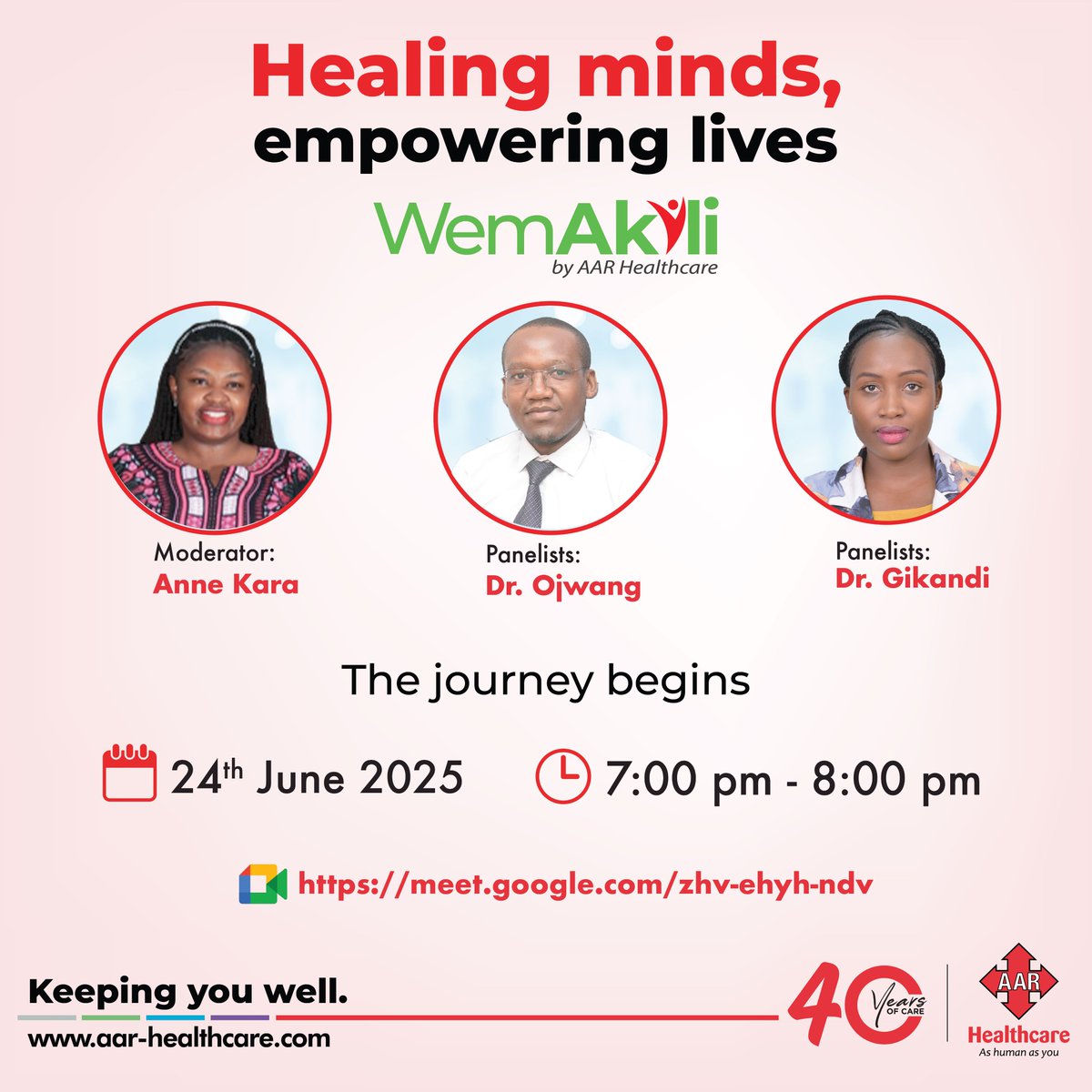 LIVE: WemAkili Mental Health Webinar!

Link to join: meet.google.com/zhv-ehyh-ndv

Join Anne Kara as she moderates a powerful conversation on mental wellness.

Got a question about mental health? Drop it below.

#WemAkili #MentalHealthMatters #AARHealthcare