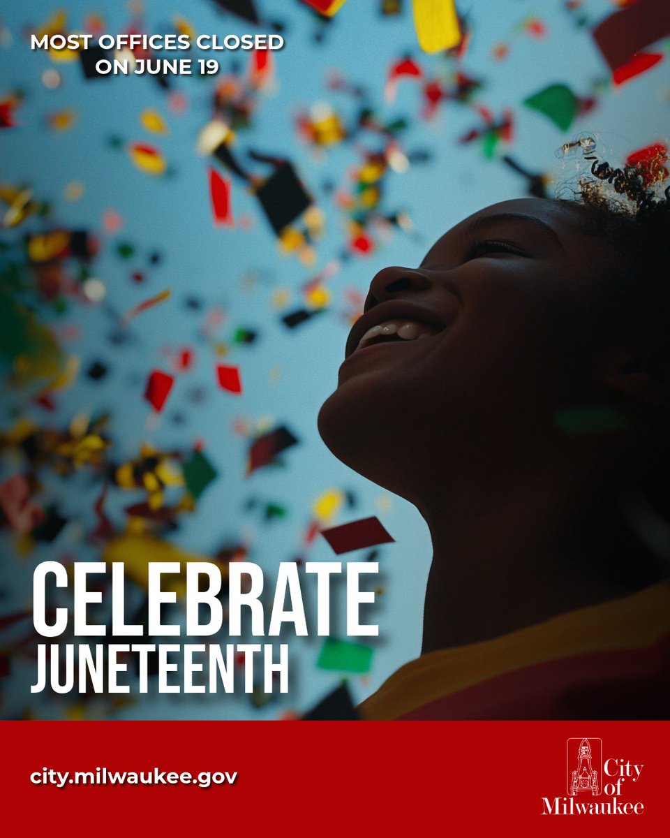 Most City of Milwaukee offices are closed on Thursday, June 19, in honor of #Juneteenth. Visit our City resource tables at the 54th Annual #JuneteenthDay festivities on N. MLK Drive. 

For more info about Milwaukee’s Juneteenth Celebration, visit juneteenthmilwaukee.com.