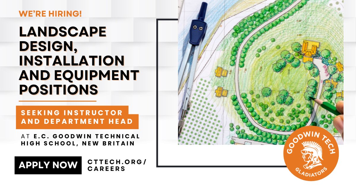 CTTechHS's tweet image. We&apos;re Hiring! 📢 

E.C. Goodwin Tech will be seeking a #Landscape Design, Installation &amp;amp; Equipment Instructor and DH.

✅ Competitive salaries
✅ Extensive benefits package
✅ Must have 8 years of relevant experience

➡️ For more info and to apply, visit cttech.org/careers