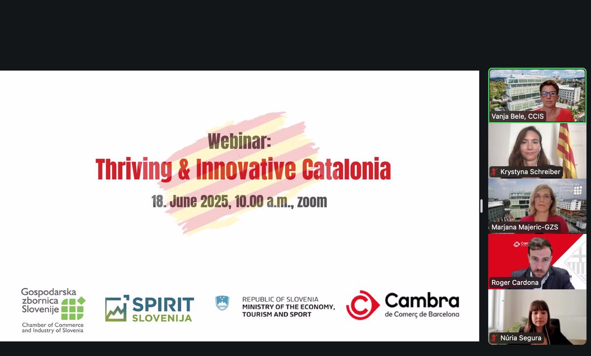 🤝 #Catalonia and #Slovenia boosting innovation together!

Today’s online event by <a href="/GZSnovice/">Gospodarska zbornica Slovenije</a>, @cambrabcn &amp; the Catalan Government connected Slovenian companies with Catalonia’s dynamic economy to explore collaboration and growth opportunities.

#Innovation #Business #Trade
